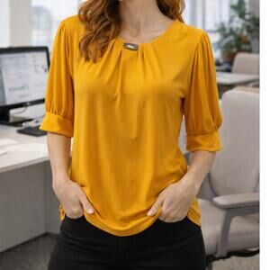 NY Collections women's mustard yellow blouse pleated front and sleeves Large S/L